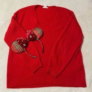 H&M Red V-Neck Sweater Knit Long Sleeve